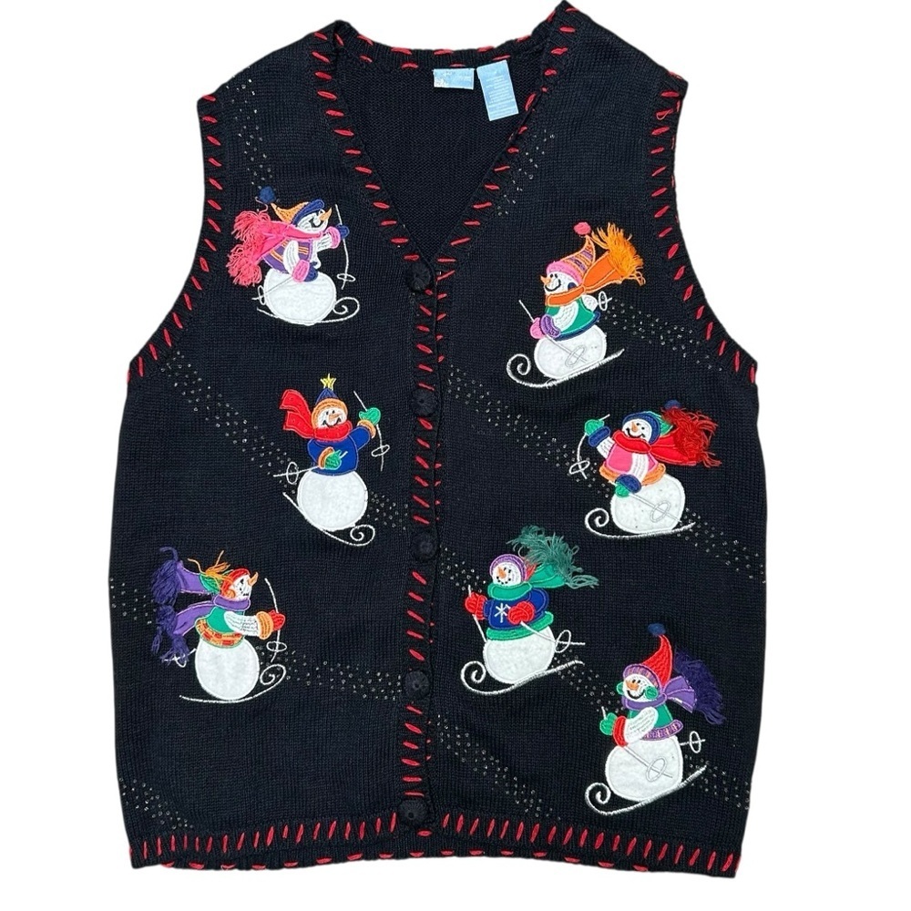 Holiday Editions Christmas sweater vest size 1x snowman skiing granny beaded